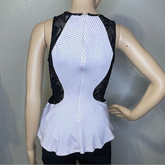 Guess Polkadot Peplum Sleeveless Blouse Pink With Black Lace Detail Size XSmall - Picture 7 of 14